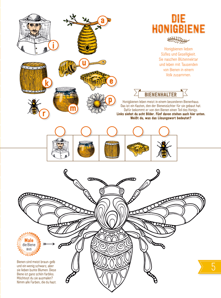Bienen machen Honig. Sie leben im Bienenstock.
