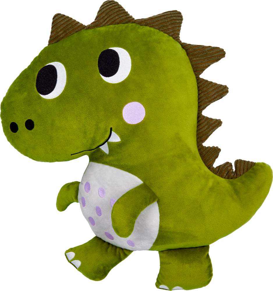 Grüner Plüsch-Dinosaurier mit weißen Zähnen, dunkelgrünen Rückenstacheln und helllila Punkten auf dem Bauch.