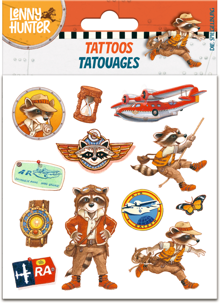 Bogen mit temporären Tattoos: Entdecker-Waschbären, Flugzeuge, Karten und Reiseaccessoires.