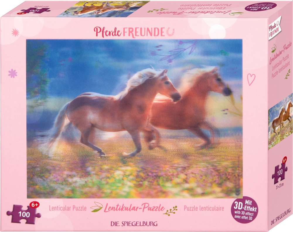 Rosafarbene Box mit zwei galoppierenden Pferden und Puzzleteil mit der Zahl 100 in der mitte.