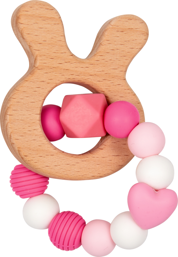 Beißring aus Holz in Hasenform mit rosa, weißen und roten Silikonperlen sowie einer großen rosa geometrischen Perle.