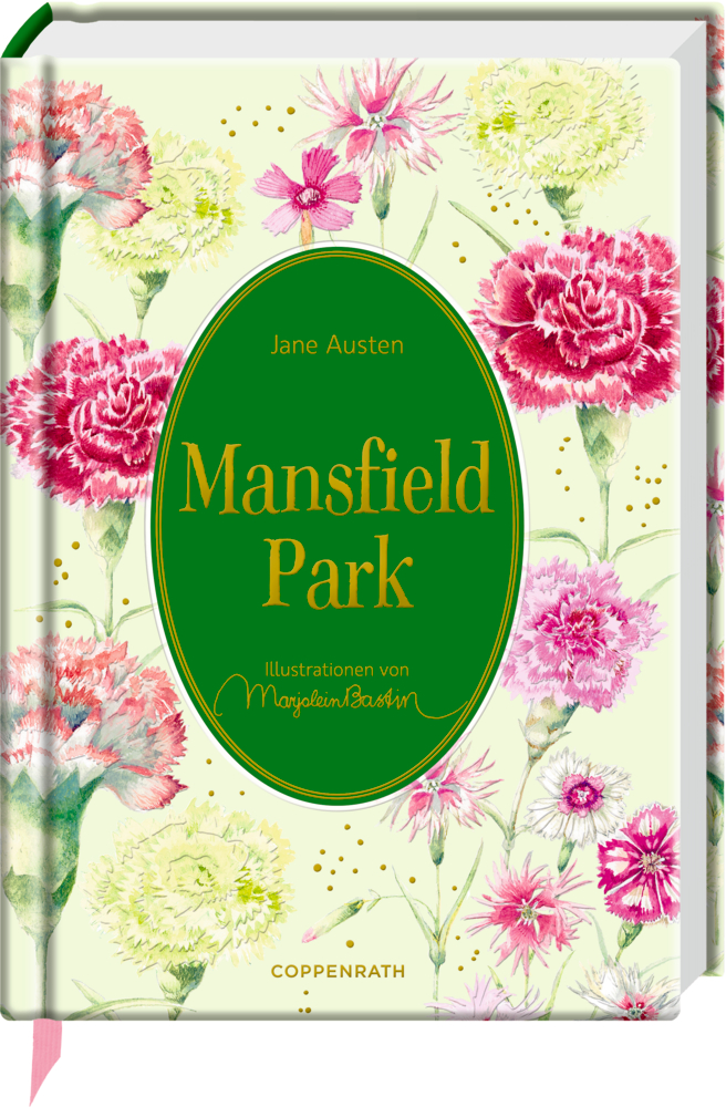 Buchcover „Mansfield Park“: rosa und weiße Blumen, grüner ovaler Titelbereich in der Mitte.