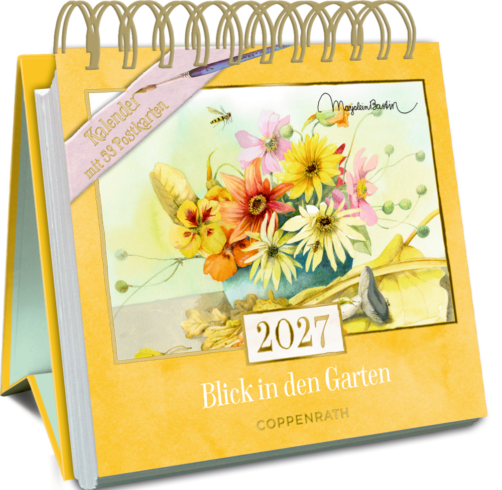Gelber Kalender mit Blumenillustration, Jahreszahl 2027 und Text Blick in den Garten auf dem Cover.