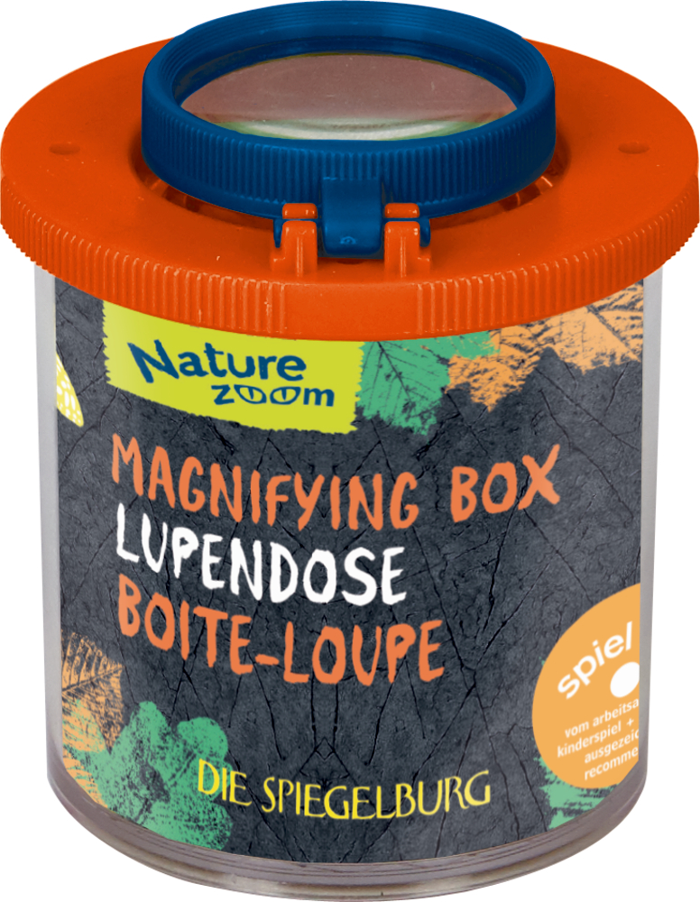 Lupenbox mit orange/blauem Deckel, beschriftet mit „Lupendose“ und „Nature Zoom“.