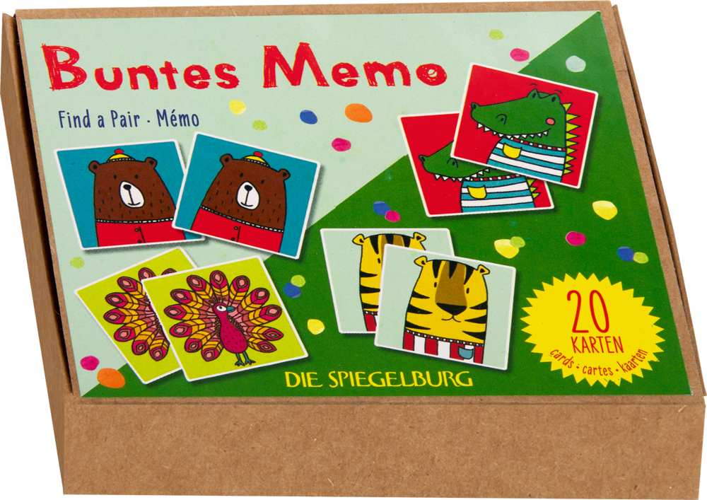 Kartonschachtel mit buntem Memo-Spiel, auf der Karten mit Tiermotiven wie Bär, Krokodil, Tiger und Pfau abgebildet sind, 20 Karten angegeben.