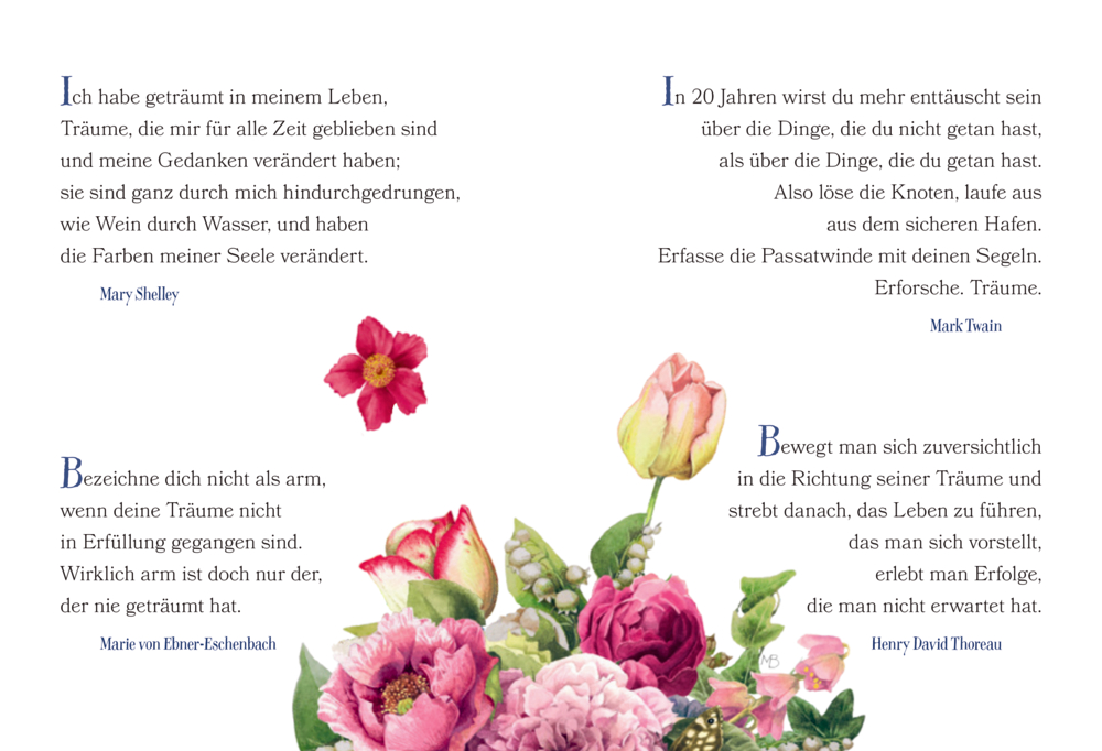 Vier Textfelder mit Zitaten und verschiedenen bunten Blütenillustrationen in Rosa-, Rot- und Gelbtönen.