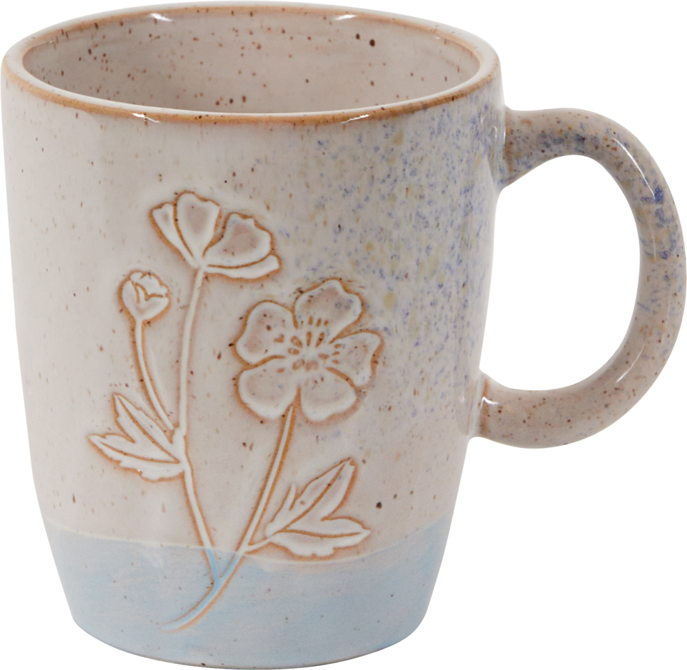 Creme-weiße Keramiktasse mit dezentem Blumenmuster und hellblauem Farbverlauf am Boden.