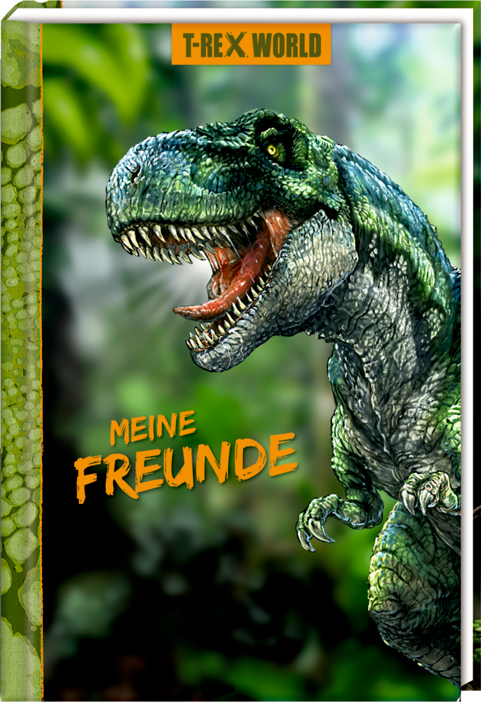 Brüllender T-Rex auf Dschungelhintergrund, „MEINE FREUNDE“ in gelbem Text auf dem Cover.