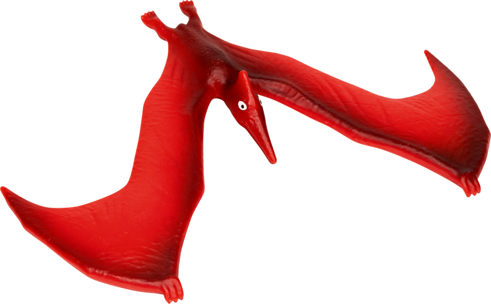 Roter Spielzeug-Pterodaktylus aus Kunststoff mit großen Flügeln und spitzem Schnabel.