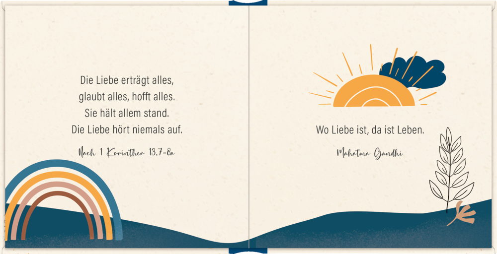 Zwei Seiten mit  Liebeszitaten sowie Illustrationen von einem Regenbogen, einer Sonne, Wolken und einer Pflanze.