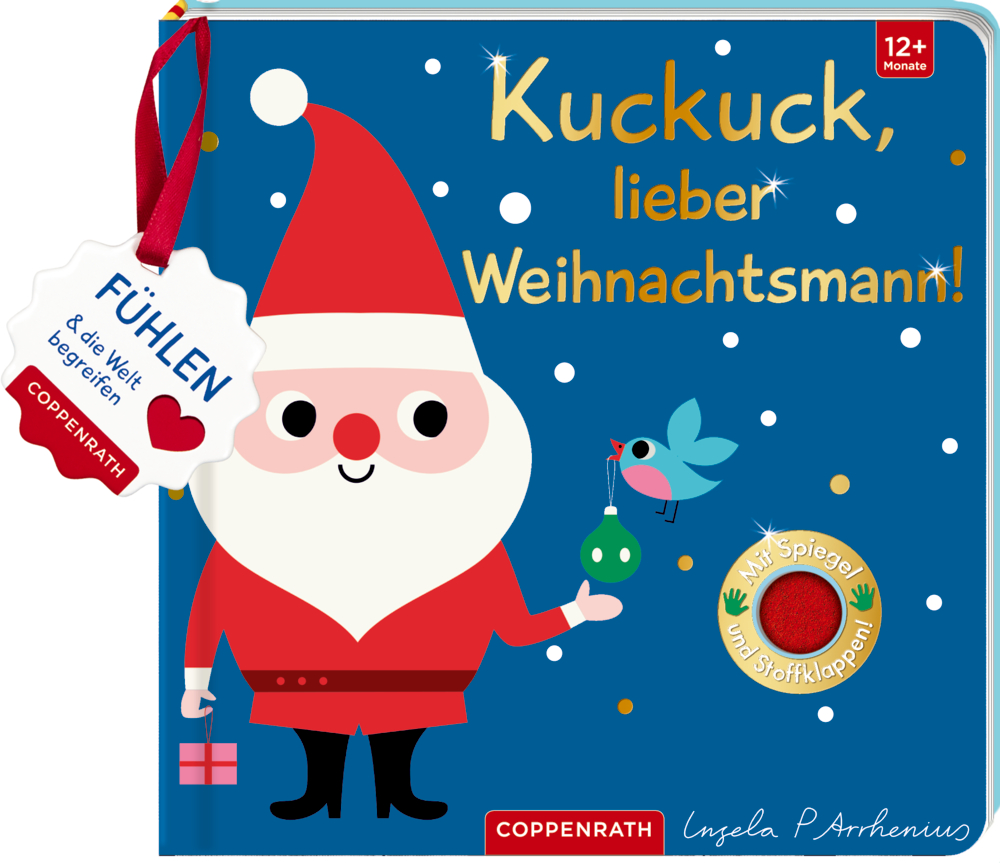 Weihnachtsbuchcover für Kinder: lächelnder Weihnachtsmann, Vogel, Ornamente. Titel, blauer Hintergrund.