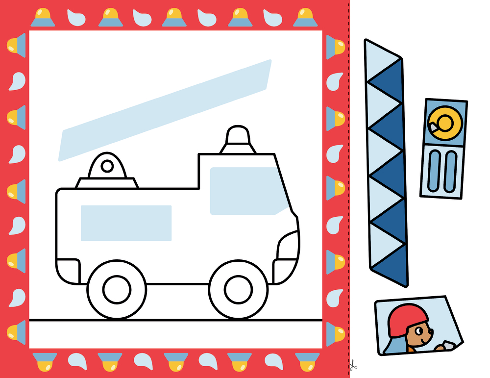 Feuerwehrauto, Sirenen-Symbole als Rand, rechts einzelne Symbole zum Ausschneiden: Feuerwehrmann, Leiter, Steuerung.
