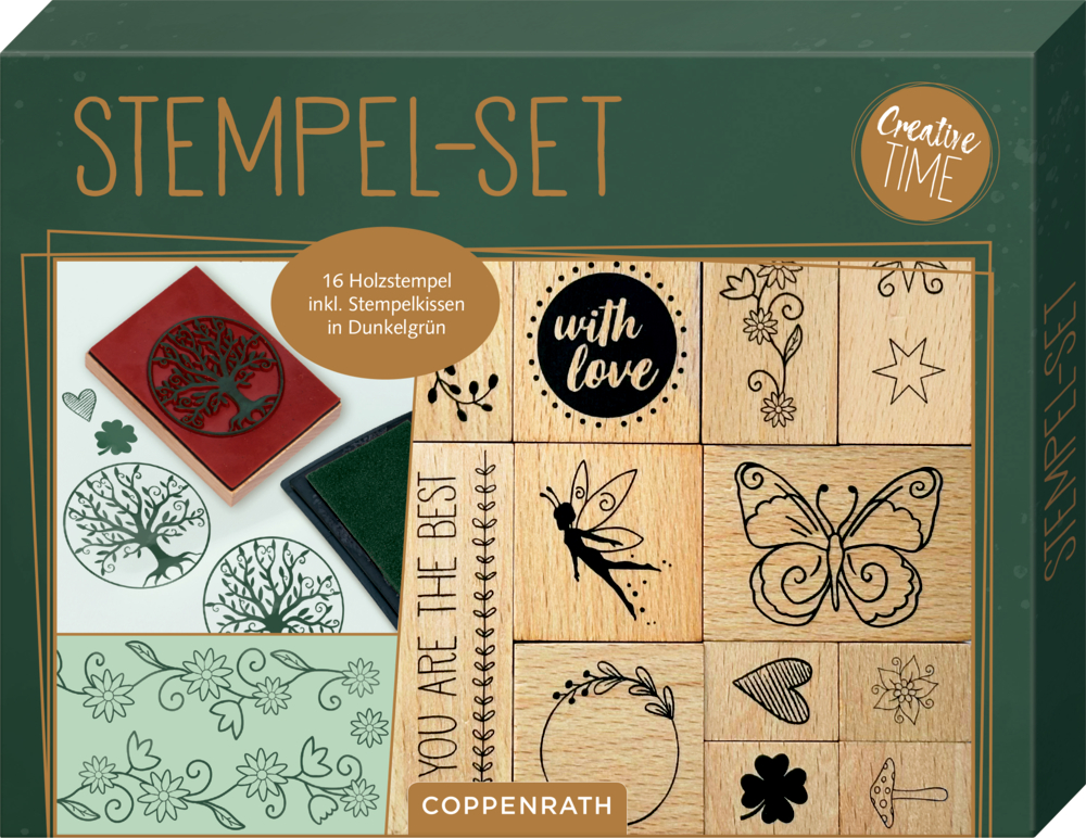 Set aus 16 Holzstempeln mit Motiven wie Schmetterling, Baum, Herz, Stern und Text „with love“, inklusive dunkelgrünem Stempelkissen.