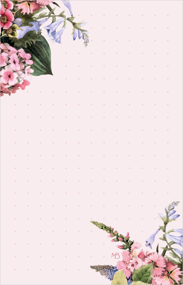 Rosa Hintergrund mit feinem Punktmuster, oben links und unten rechts bunte Blumenarrangements in Rosa, Lila und Grün.