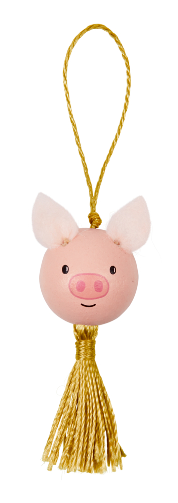 Rosa Kugel mit Schweinegesicht, weiße Ohren, goldene Schnur zum Aufhängen und goldene Kordel unten.