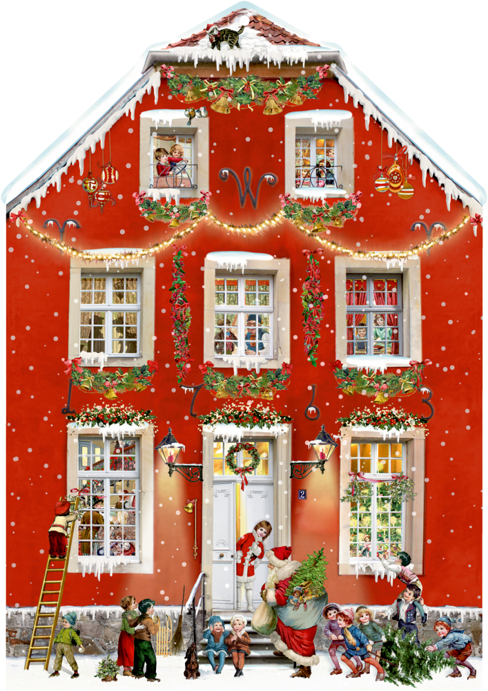 Rotes Haus mit Weihnachtsdekoration, Kindern und Weihnachtsmann im Schnee vor der Tür.