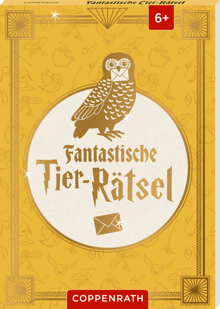 Gelbes Buchcover mit goldener Eule, die einen Brief hält, Schriftzug „Fantastische Tier-Rätsel“.