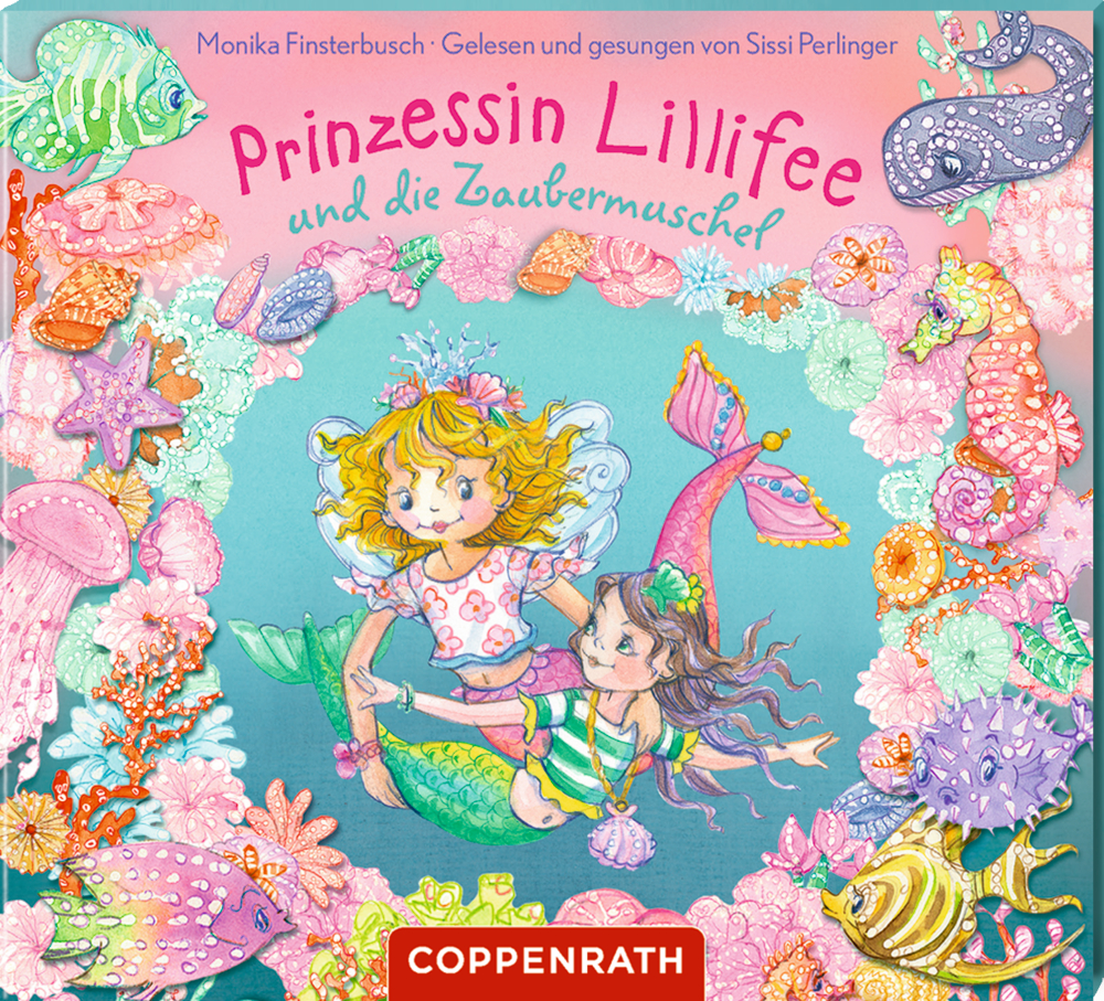Zwei Mädchen, eines mit Flügeln, eines mit Fischschwanz, schwimmen unter Wasser zwischen bunten Meerestieren.