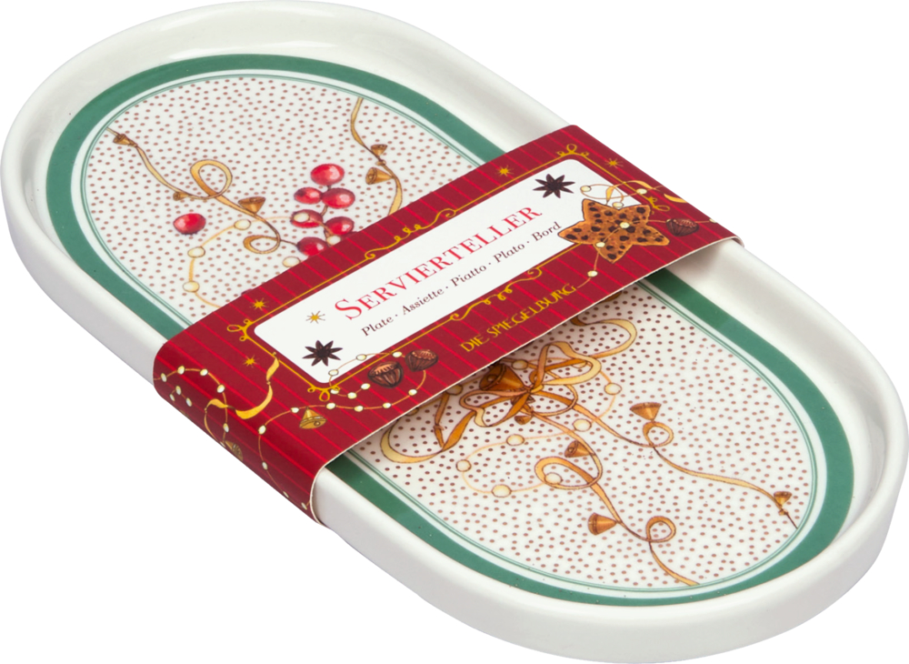 Ovaler Servierteller mit grünem Rand und weihnachtlichem Muster aus goldenen Schleifen und roten Beeren mit Banderole drum.