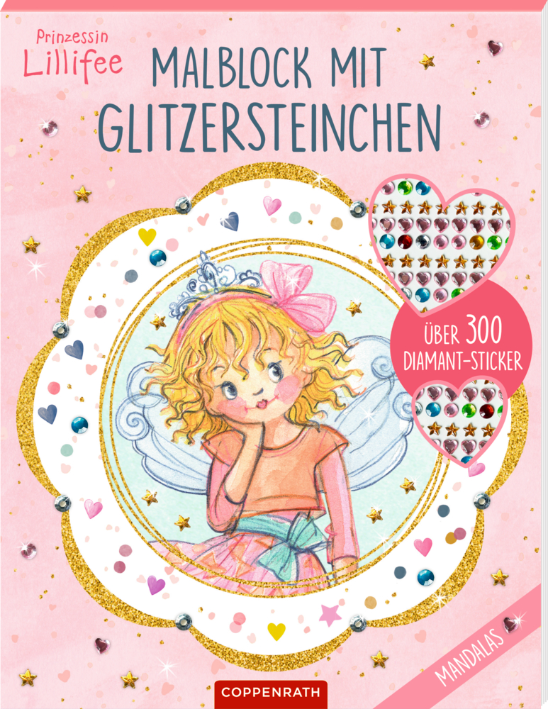 Rosa Malbuch-Cover mit Märchenprinzessin, Edelsteinen und Text über Glitzeraufkleber.