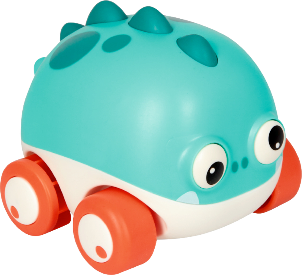 Türkisfarbenes Spielzeugauto in Dinosaurierform mit orangefarbenen Rädern und großen Cartoonaugen.