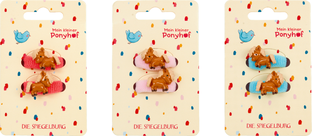 Drei illustrierte Pappkarten mit Kinderhaargummis, auf denen ein hellbraunes Pony platziert ist.