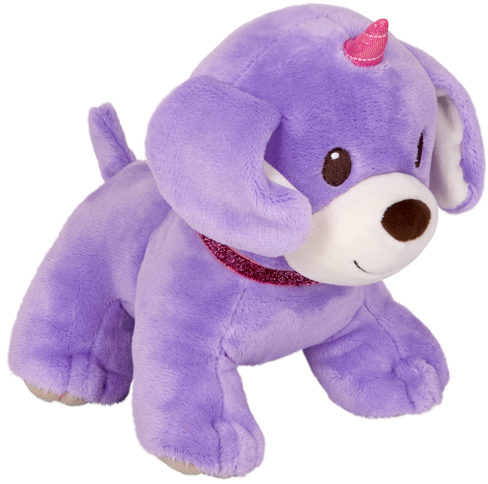 Lilafarbener Plüschhund mit Einhornhorn, Schlappohren und einem glitzernden rosa Halsband.