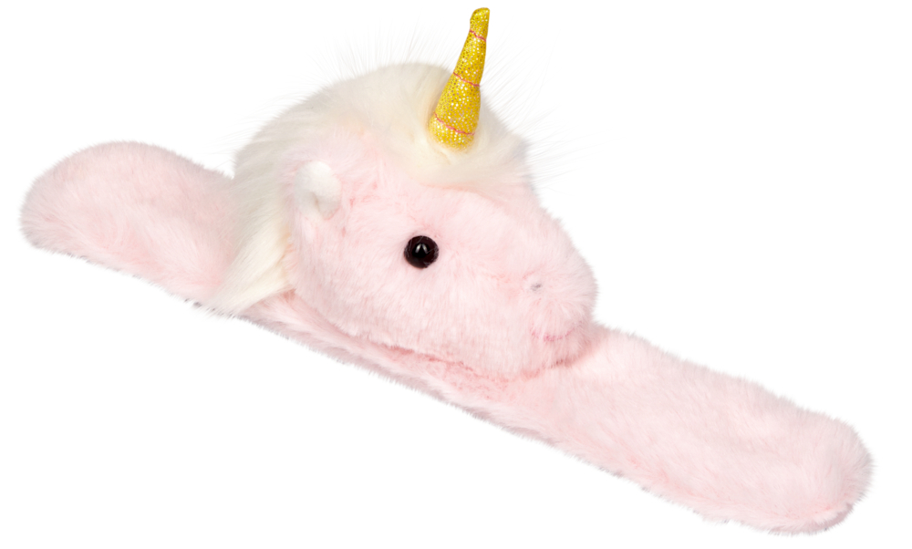 Rosa Plüsch-Einhorn-Schnapparmband mit gelbem Glitzerhorn und weißer Mähne.