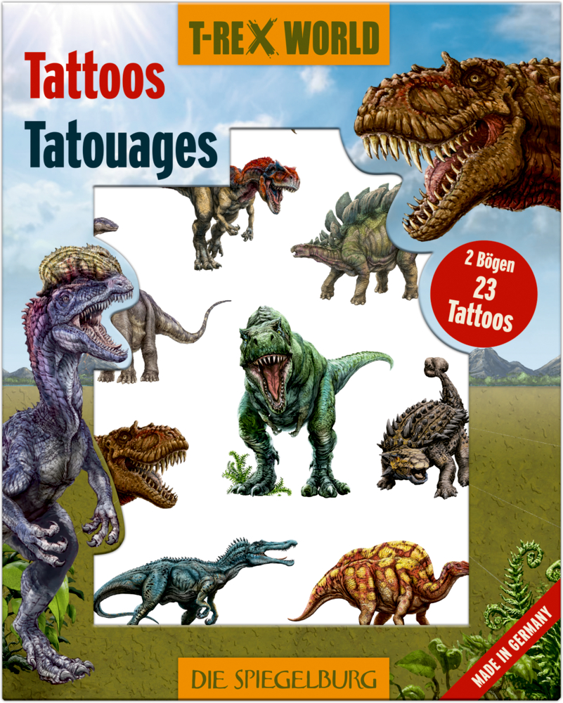 Bunte Fensterverpackung mit illustrierten Dinosauriern auf dem Cover, das verschiedene Dinosaurier-Tattoos enthält.