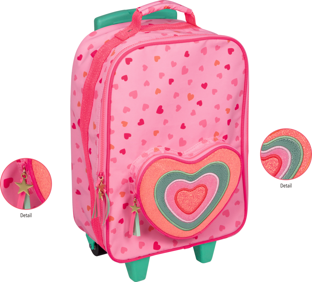 Rosa Kinder-Trolley mit buntem Herzmuster, kleinen Herzen auf dem Stoff und glitzerder Herzfronttasche mit Sternanhängern an den Reißverschlüssen.
