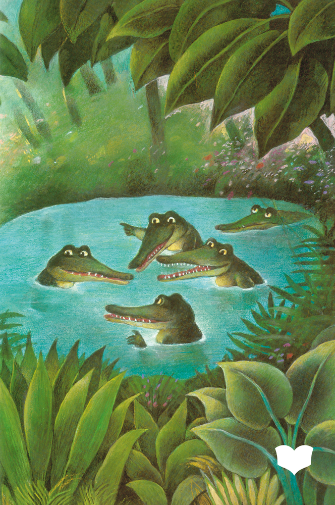 Fünf Krokodile schwimmen in einem kleinen blauen Teich, umgeben von üppigen grünen Dschungelpflanzen und Blättern.