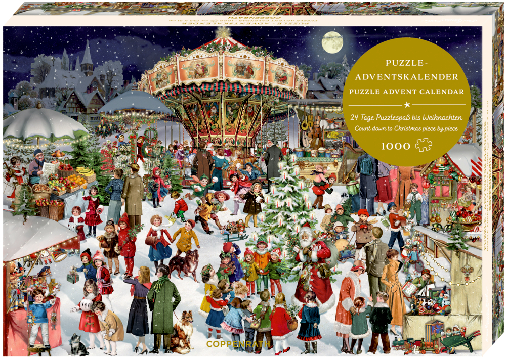 Weihnachtsmarkt mit Menschen, geschmücktem Karussell, Verkaufsständen, Tannenbäumen und Weihnachtsmann im Schnee.