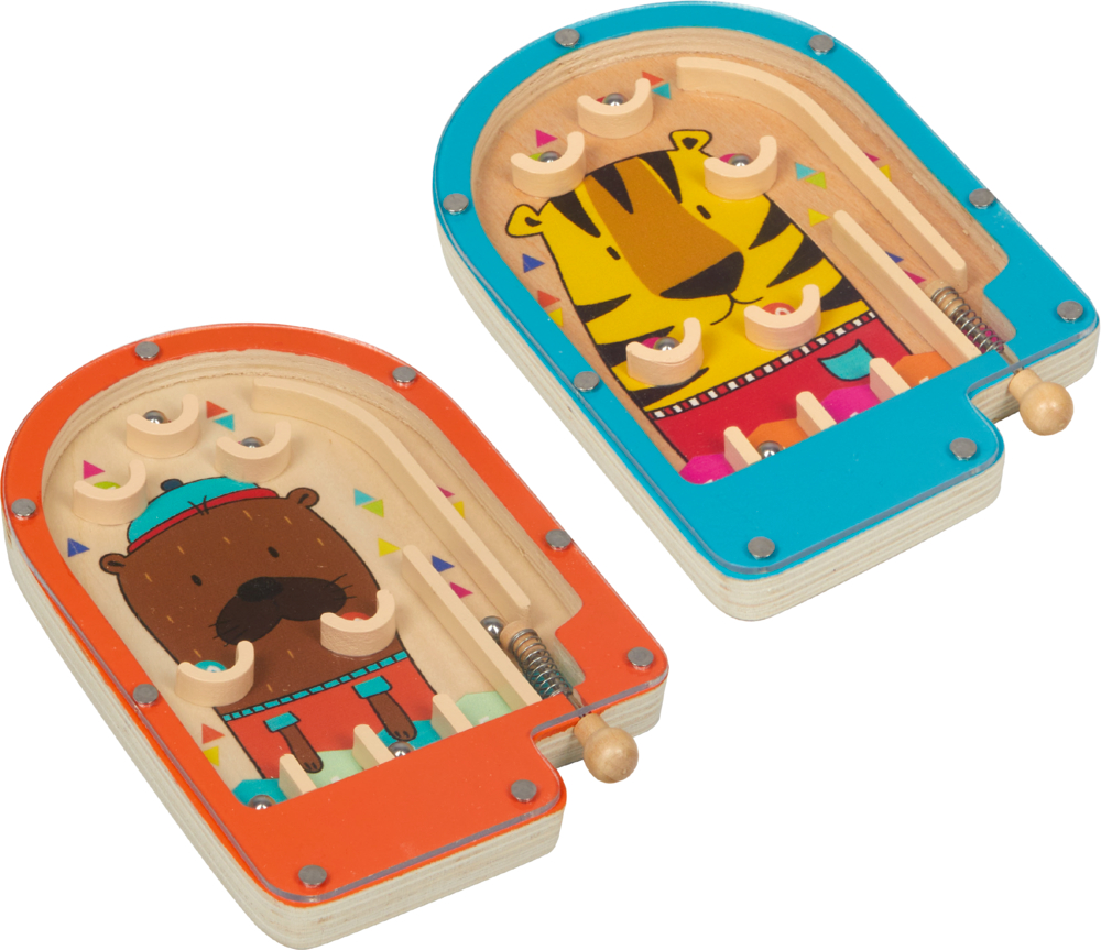 Zwei farbenfrohe Flipperspiele aus Holz: eines mit Bärenmotiv, das andere mit Tigermotiv.