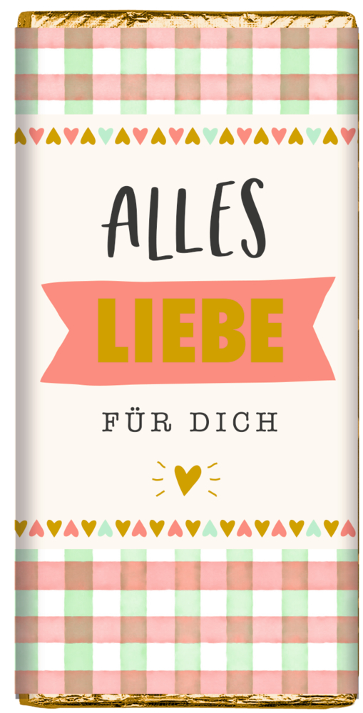 Schokoladentafel in Papier mit grün-rosa Karomuster und Aufdruck „Alles Liebe für dich“ mit Herzmotiv.