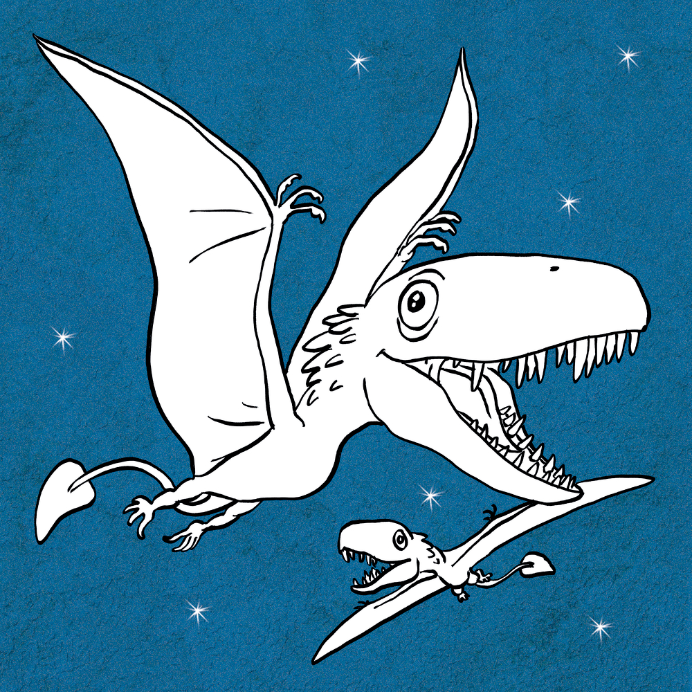 Innenabbildung eines Malblocks mit zwei Cartoon-Flugsaurier, die mit großen Zähnen durch einen sternenklaren blauen Himmel schweben.