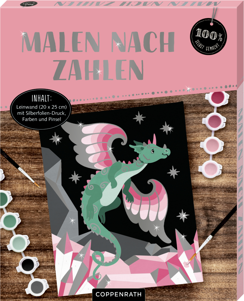 Box zeigt Malen-nach-Zahlen-Set mit grün-rosa Drache und kleinen Farbtöpfchen.