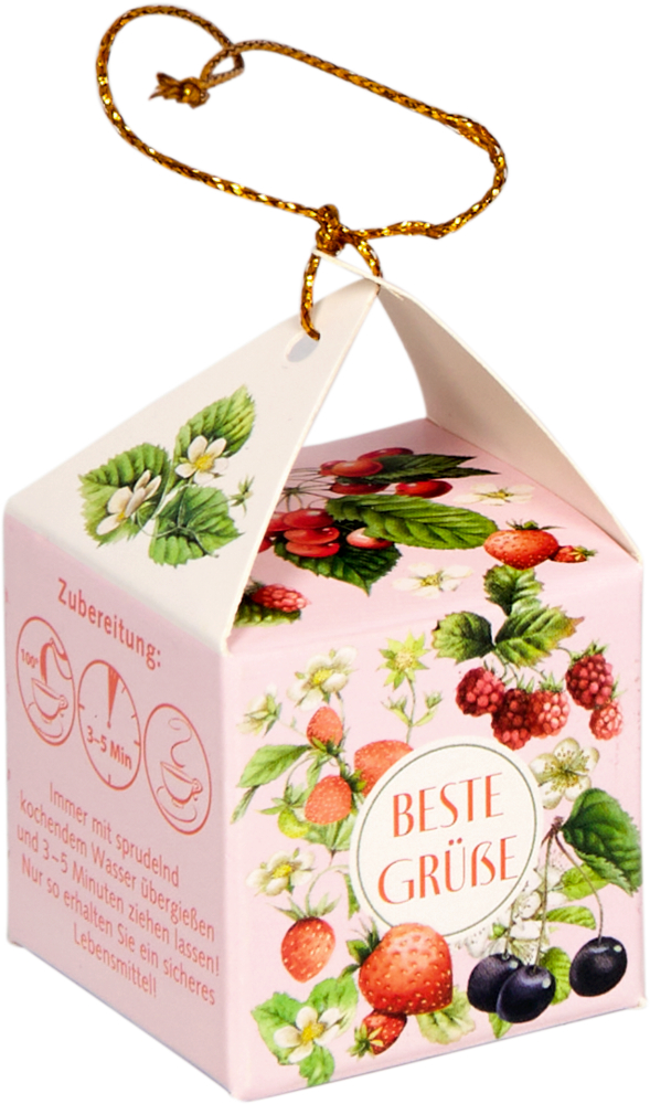 Kleine rosa Box mit Fruchtabbildungen, goldener Aufhängeschnur und Text Beste Grüße.