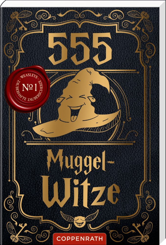 Schwarzes und goldenes Buchcover „555 Muggel-Witze“ mit einem magischen Hut .