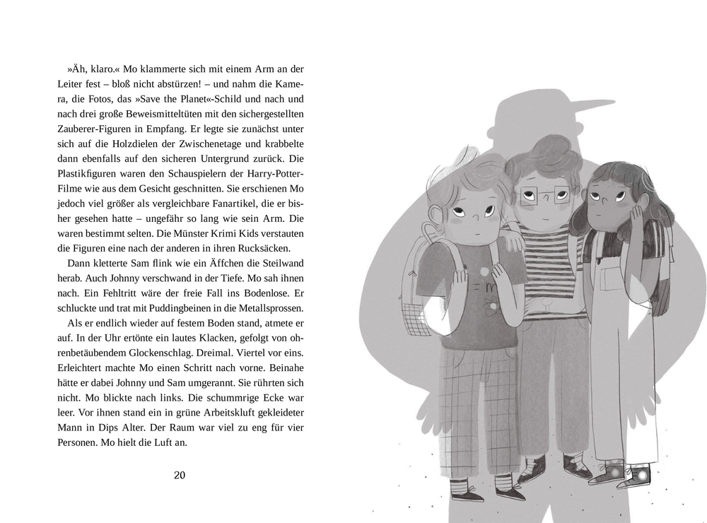 Drei besorgte Kinder stehen dicht beieinander in einer schwarzweißen Illustration am rechten Seitenrand, auf einer Doppelseite mit Text.