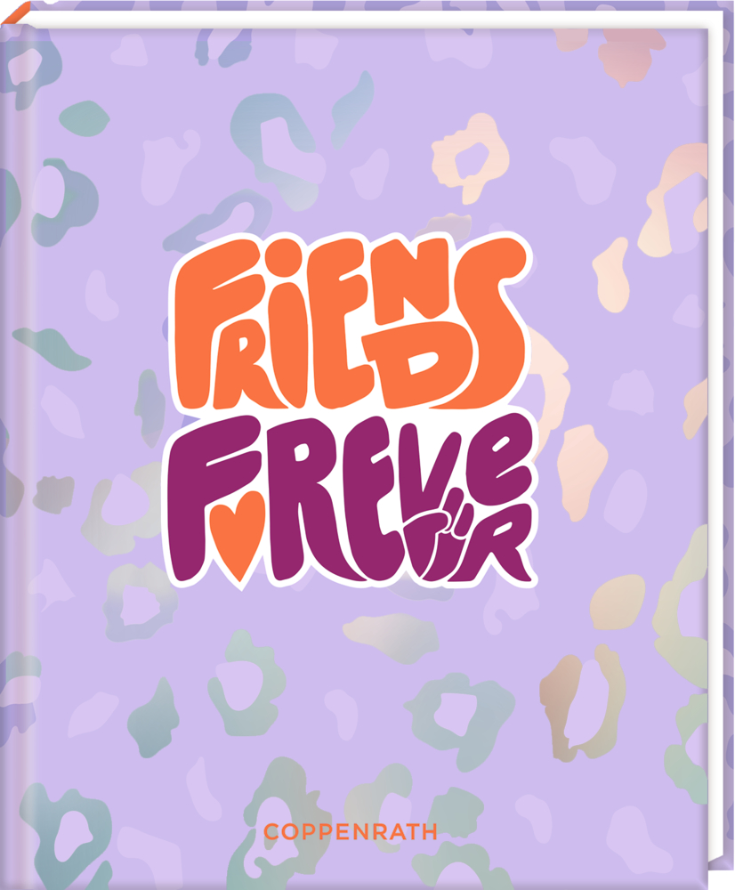 Quadratisches Buch mit orange-lila Schriftzug „Friends Forever“ auf lilafarbenem Hintergrund mit buntem Leopardenmuster.
