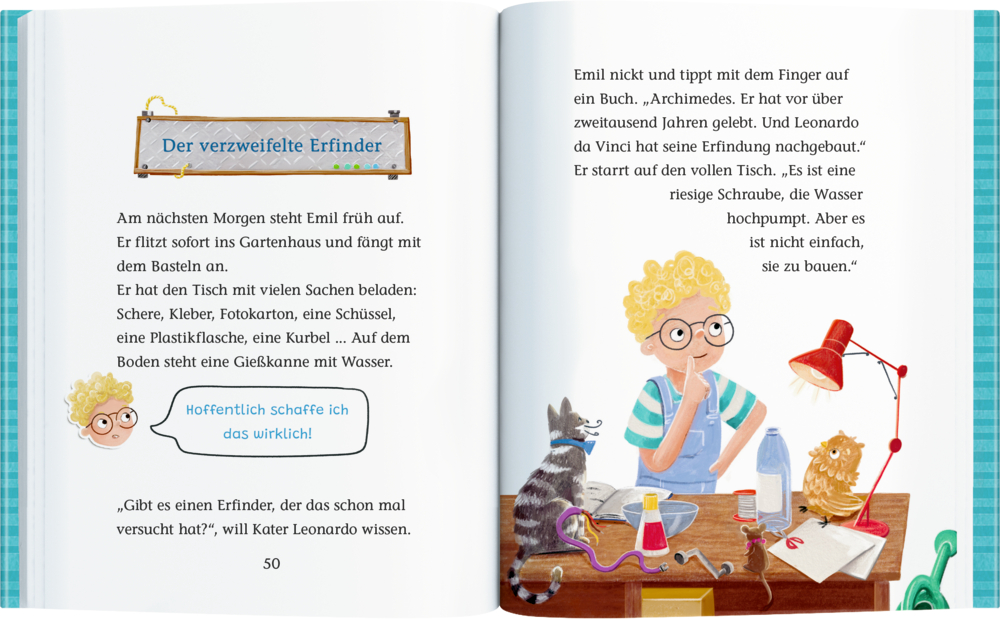 Illustration eines blondgelockten Jungen mit Brille, der an einem Schreibtisch mit Bastelmaterialien und einer Katze sitzt.