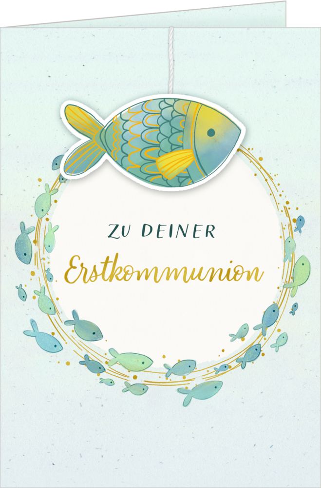 Pastellkarte mit illustriertem Fisch und Kranz mit dem Text „Zu deiner Erstkommunion“.