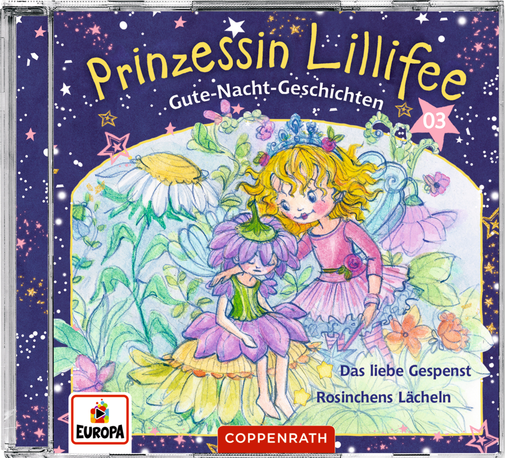 Auf dem Cover eines deutschen Kinderhörbuchs sitzen zwei Feen zwischen bunten Blumen unter einem Sternenhimmel.