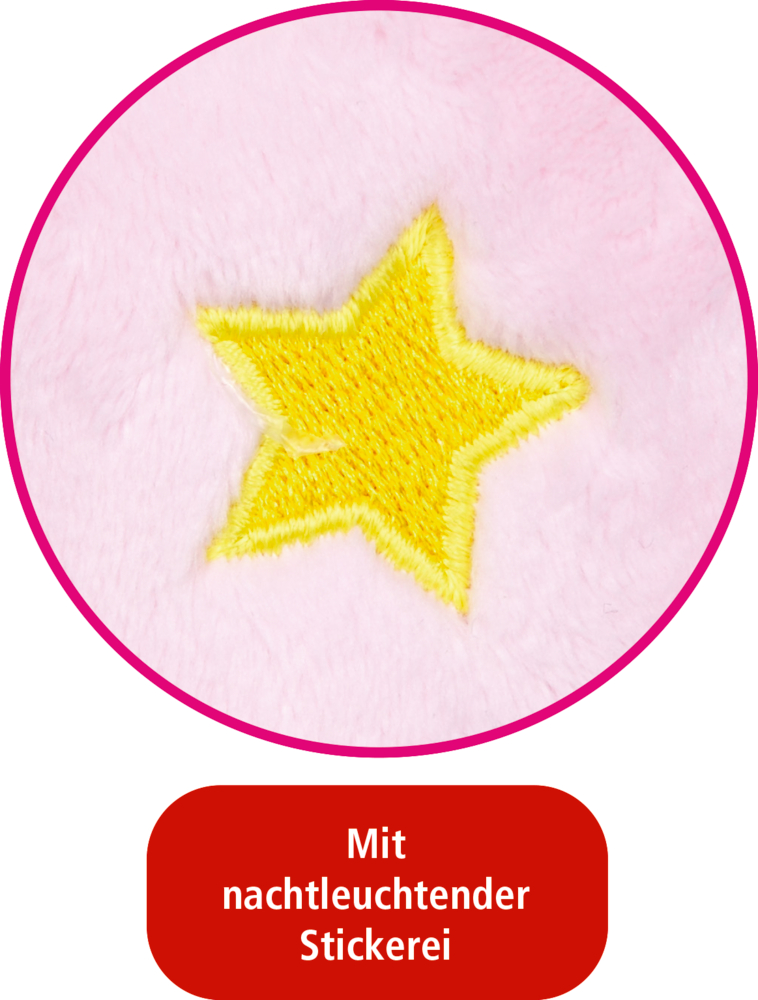 Gelb gestickter Stern auf rosa, flauschigem Stoff mit Hinweis „Mit nachtleuchtender Stickerei“.