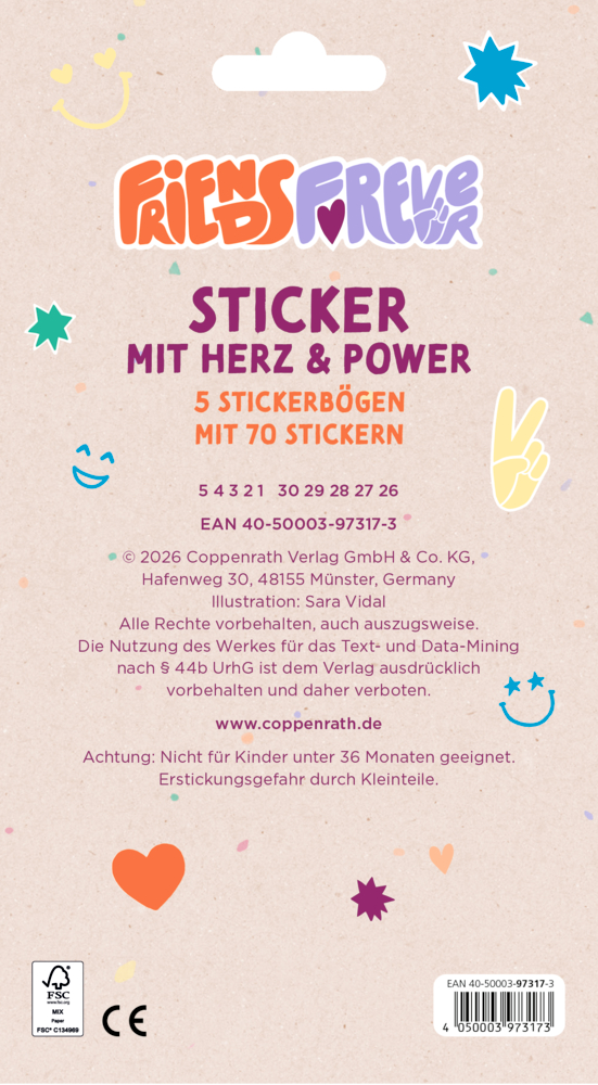 Rückseite einer Stickerverpackung mit bunten Symbolen wie Herz, Stern, Peace-Zeichen und Smiley auf beigem Hintergrund.