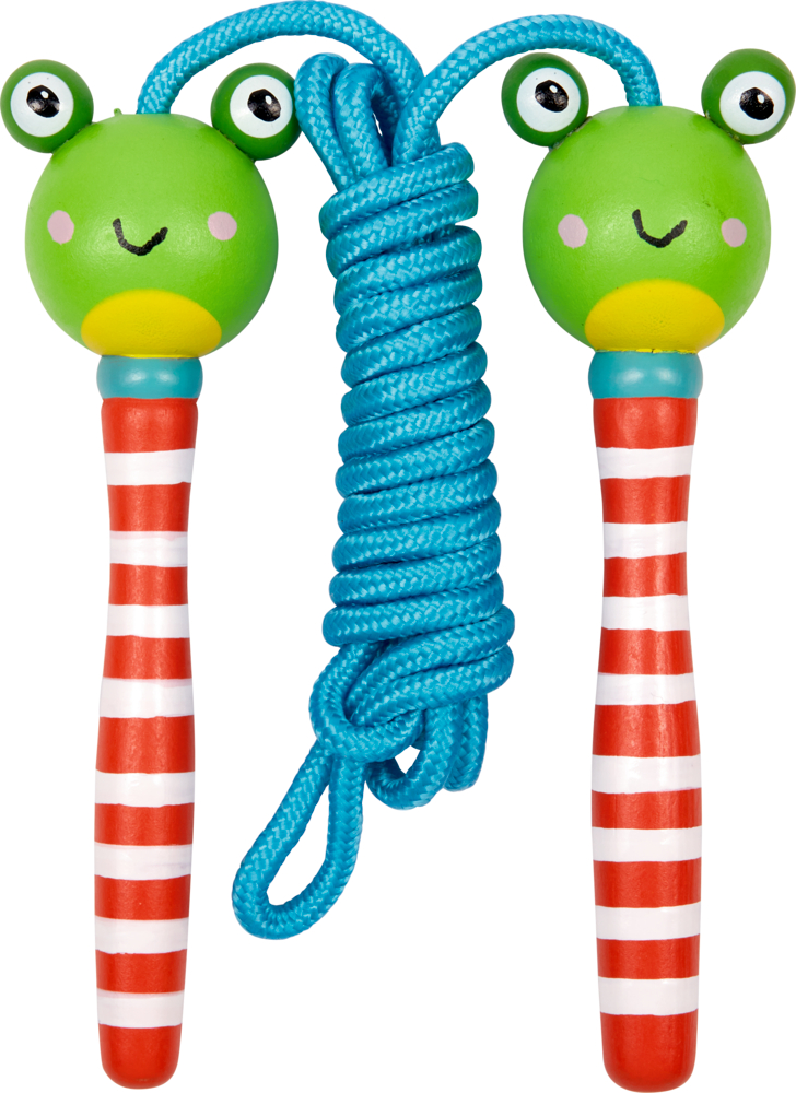Kinder-Springseil mit leuchtend blauer Kordel und gestreiften Griffen in Form grüner Froschgesichter.