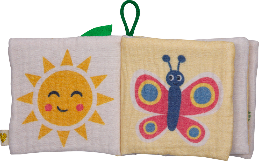 Stoffbuch mit gelber Sonne und Schmetterling mit roten und blauen Flügeln.