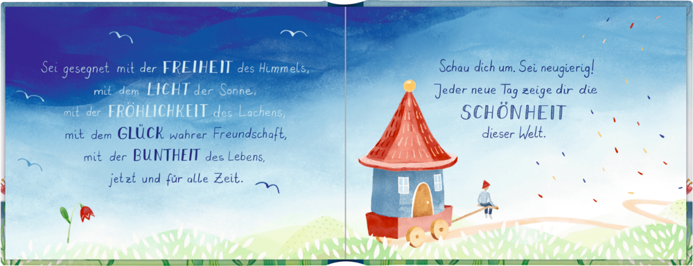 Kleines Haus mit rotem Dach auf einem Wägelchen und inspirierendem Zitat vor blauem Himmelshintergrund.