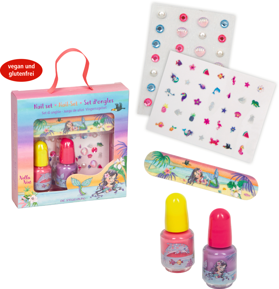 Zwei Nagellacke, Sticker, eine Nagelfeile mit Meerjungfrauendesign und eine Geschenkbox. Vegan und glutenfrei.