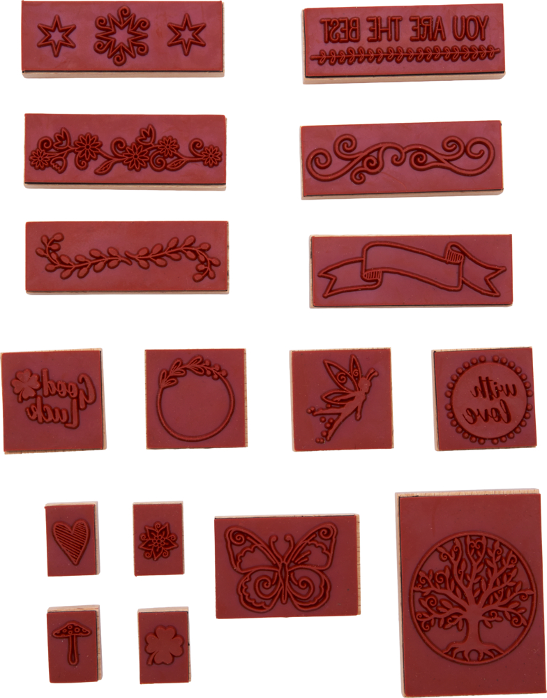 Set aus roten Gummistempeln mit Motiven wie Sternen, Blumen, Schmetterling, Baum, Herz, Text und dekorativen Ornamenten.